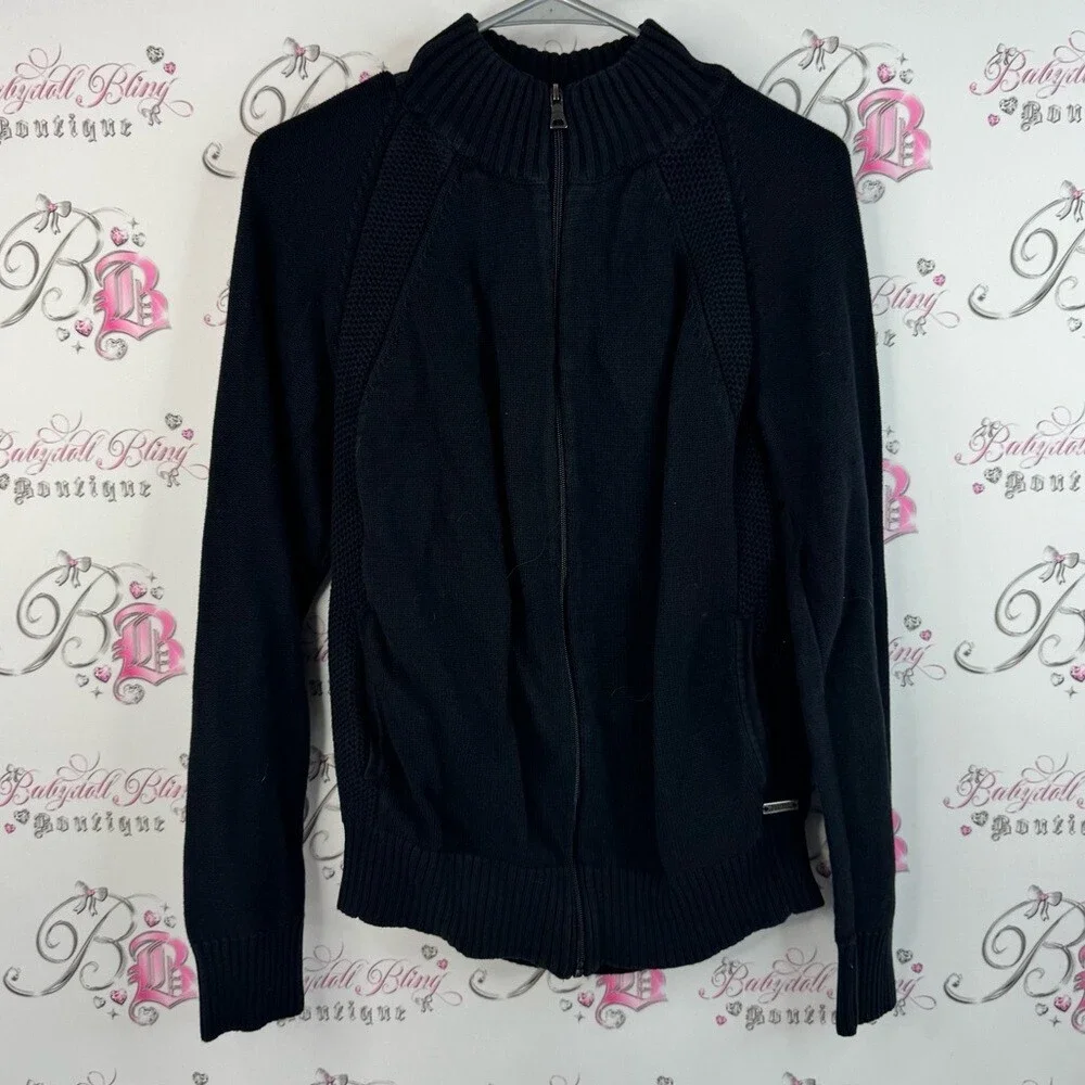 Guess sweater zip up cable knit knitted warm cozy Black Textured Knit Sweater